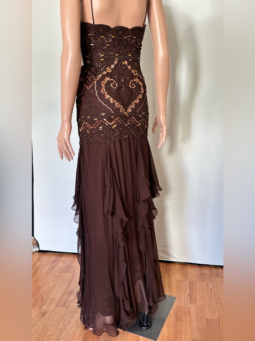 Sue Wong Brown Beaded Ruffle Maxi Dress - Picture 2 of 7
